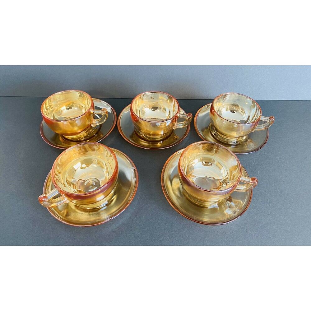 Vintage Jeanette Marigold Carnival Glass Iridescent Camellia 5 Teacups/Saucers - Picture 3 of 11